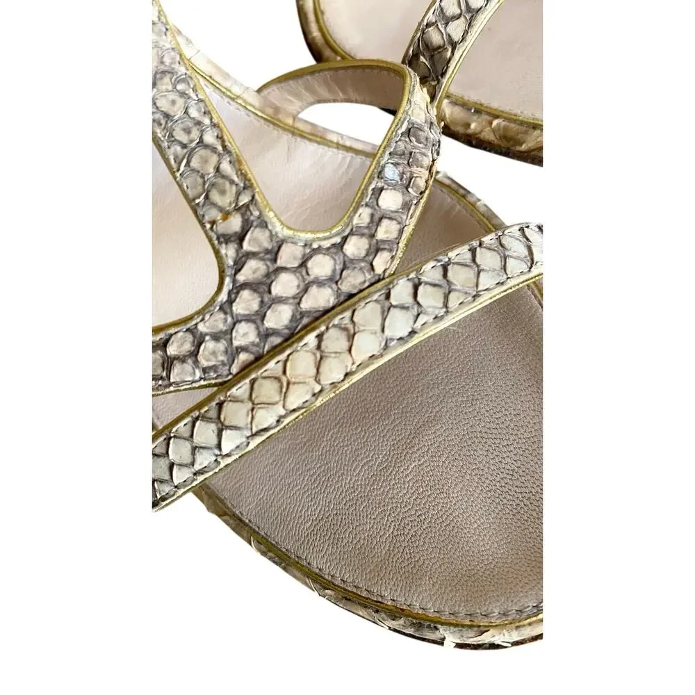 Chanel Python T-Strap Sandals 39.5 Gold Studded CC Column Heels Made in Italy